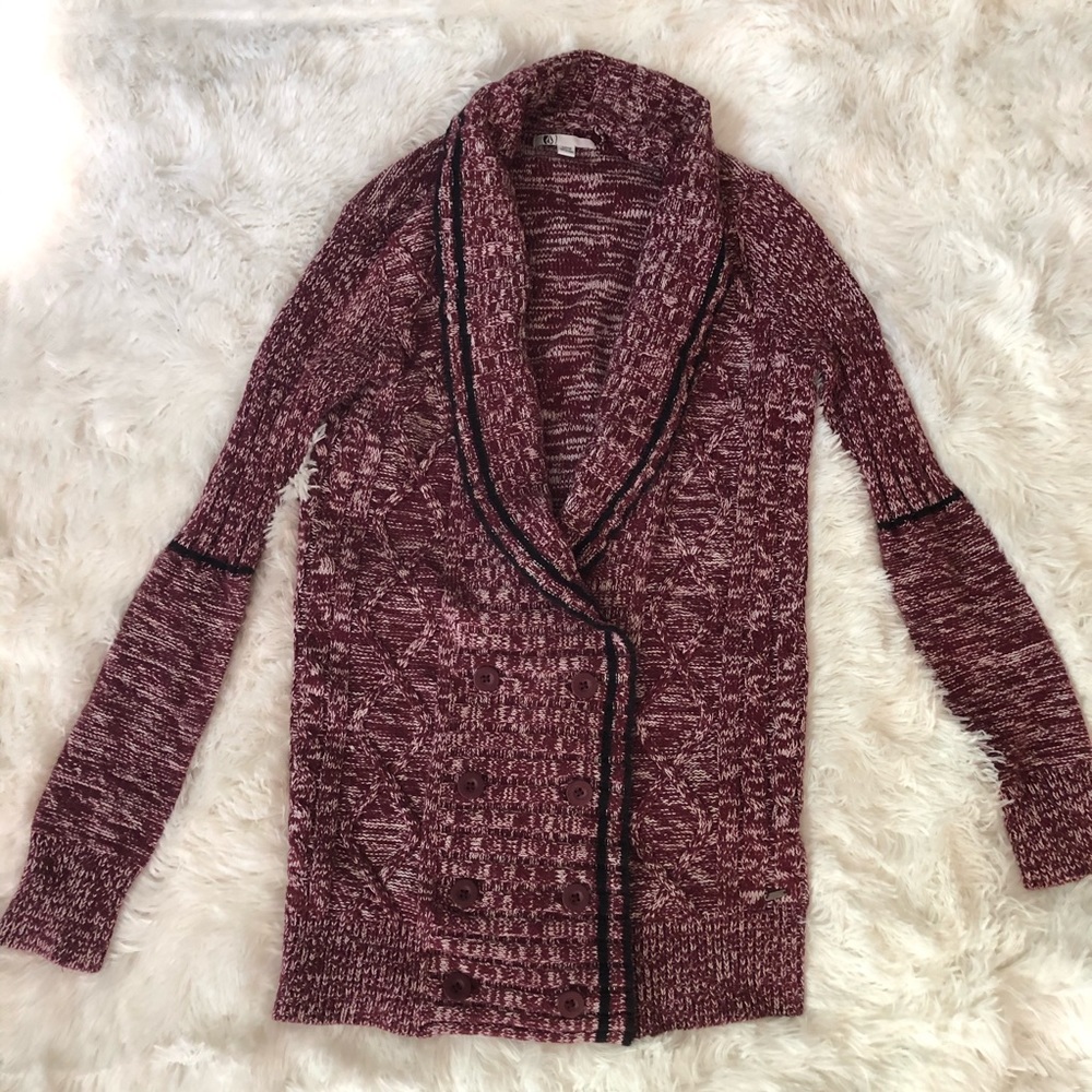 Volcom maroon white black button sweater